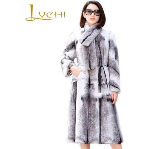 LVCHI Winter 2019 Real Cross Mink Fur Coat Natural Fur Causal Coat Womens With Fur Scarf Striped Long Sleeve X-Long Mink Coats