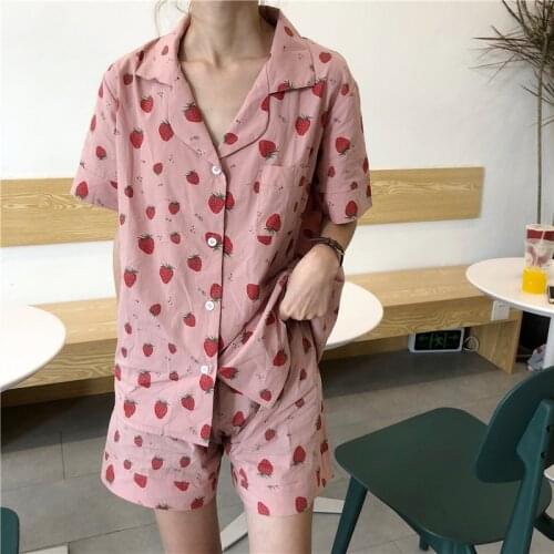 Students Pajamas Set Cute Cartoon Print Nightwear Pyjamas Women Short Sleeve Sleepwear Home Suit Slim Girl Pijama De Mujer