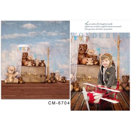 TR 8x8FT Clouds Sky Wall Teddy Bears Suitcase Dark Wooden Floor Baby Kids Custom Photo Backdrops Studio Backgrounds Wooden Vinyl