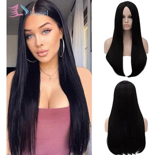 Uenel 28" Long Straight Natural Black Women Wednesday Addams Costume Morticia Wig