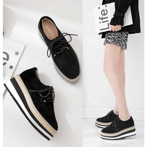 Suede Carving oxfords shoes woman new platform brogues creepers flats lady winter cotton shoes lace-up casual student espadrille