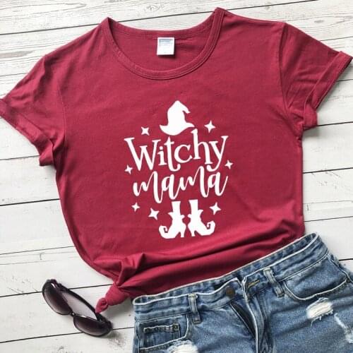 Witch Mama 100% Cotton T-shirt Womens Happy Halloween Fall Tee Shirt Top Funny Graphic Witchy Mom Life Tshirt Camiseta