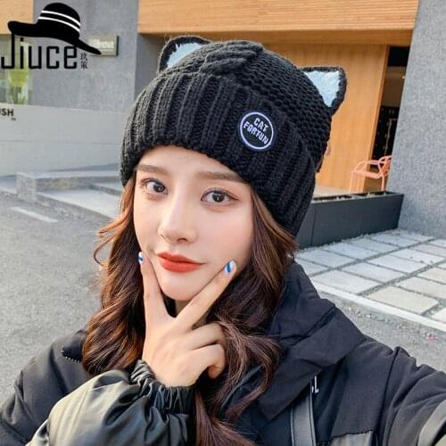 Female Sweet rabbit ear knitted hat winter warm fox ear solid color autumn beanie Urine hat Panama girl Melon seed hat cap
