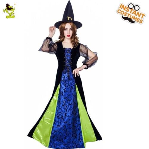 Halloween Ladies Black Witch Costume with Gauze Sleeve Adult Magic Long Dress for Purim Party Womens Cosplay Costumes