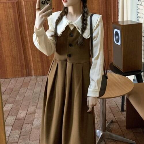 Woman Dress Sets 2021 Autumn Style Korean Fashion Elegant Sleeveless Vest Dresses Women and Lapel Solid Long-sleeved Shirt Suit