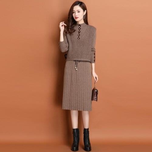 2021 Autumn Winter New Women Hollow Vest + Sweater Dress Suit Solid Color High Quality Long Sleeve Knitted Two Piece Sets X107
