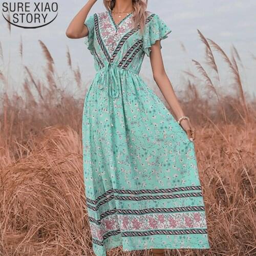 2021 New Women Maxi Dress Summer Chiffon V-neck Floral Flare Sleeve Elastic Dresses for Women Casual Long Dress Vestido 14627