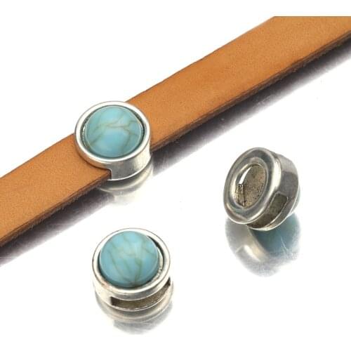10Pcs/Lot Tibetan Silver Round Turquoise Slider Beads Spacers For Flat Leather Cord Bracelet Bangles DIY Jewelry Making Supplies