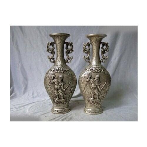 12" China silver carved dragon tiger buddha Vases pair Sculpture Statue wedding Brass Fine Arts Crafts