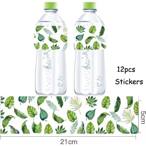 12pcs/lot Tropical Palm Leaves Theme Party Decorations Flamingo Palm Leaf Mineral Water Bottle Label Summer Party Stickers