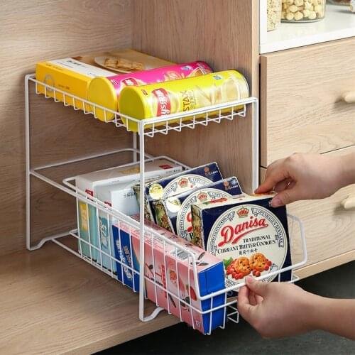 2 Layers Iron Drawer Spices Bottle Jar Storage Rack Can Push Pull Sink Rack Multi-Function Finishing Shelf Kitchen Accessories