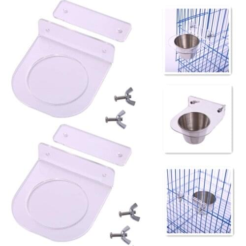 2Pack Bird Acrylic Feeding Cup Water Bowl Cage Clamp Feeder Basin Bracket