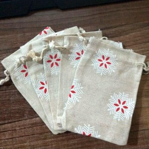 5pcs Linen Cotton Bag White Snowflack Printed Muslin Cosmetics Jewelry Candy Gifts Package Bag Drawstring Christmas Party Pouch