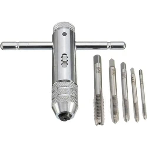 5Pcs/Set Adjustable 3-8mm T-Handle Ratchet Tap Wrench with M3-M8 Machine Screw Thread Metric Plug Tap Machinist Tool