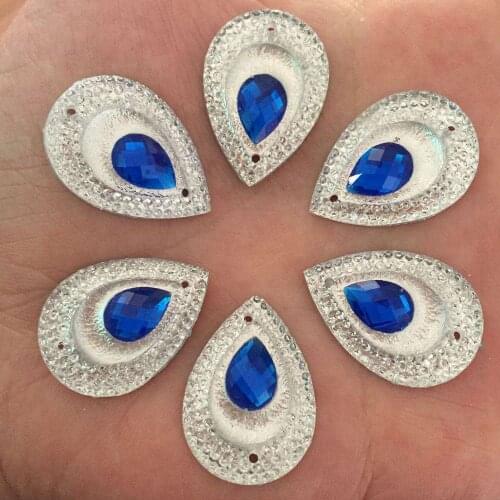 50pcs Resin 18*25mm Sapphire Peacock eye drop crystal Flatback Rhinestone 2 Hole Applique DIY Wedding Craft Ornaments SC812