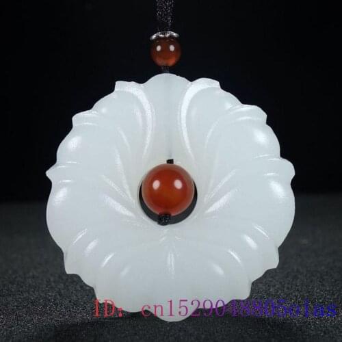 White Jade Lotus Pendant Jadeite Chinese Charm Necklace Men Women Amulet Gifts Fashion Jewelry Carved Natural