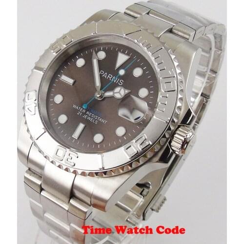 Parnis 40mm Automatic Mens Watch Miyota movement Date display Coffee dial metal bracelet sapphire glass ceramic bezel luminous