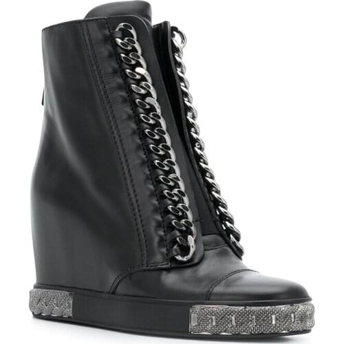 Gold Silver Sole Metal Chains Lace Up High Top Senaker inner Height Increased Cow Leather Round Toe Zipper Woman Ankle Boots