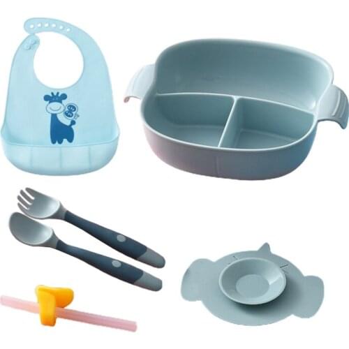 HUYU Baby Divided Plate Bowl Suction Cup Dishes Spoon Fork Bibs Straw Tableware Set