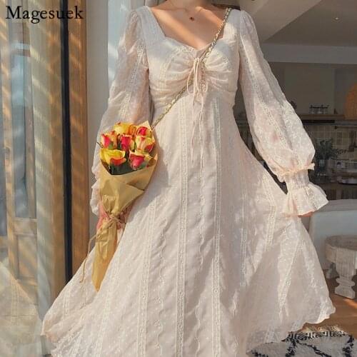 French Party Dress Vintage Fairy Chiffon Long Dress Women 2021 Womens Korean Elegant Puff Sleeve V Neck Casual Clothing 14278
