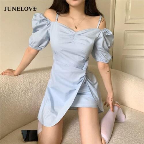 JuneLove 2021 Summer Beach Kawaii Dress Women Irregular Blue Korean Sexy Party Mini Dress Off Shoulder Chic Sweet Cute Sundress