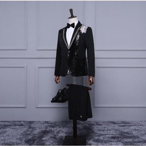 Singer dance stage clothing for men diamond suit set with pants 2020 mens wedding suits costume groom formal dress tie black
