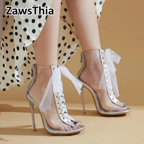 ZawsThia 2020 summer PVC clear transparent booties super thin high heels cross-tied peep toe women ankle boots plus size 46 47