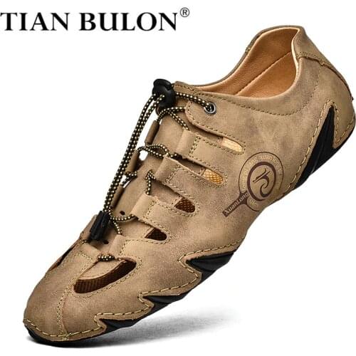 Genuine Leather Men Casual Shoes Outdoor Sandals Men Handmade Breathable Loafers Designer Summer Men Beach Shoes Plus Size 38-48