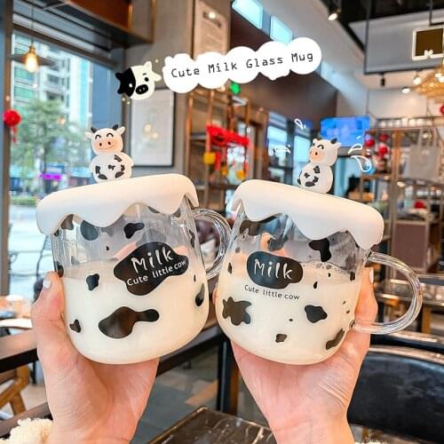 New Kawaii Milk Cow Glass Mug With Lid Cartoon Cute Transparent Coffee Cup With Handle Student Couple Breakfast Milk Water Cups