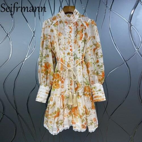 Seifrmann New 2021 Summer Women Fashion Designer Party Short Dress Sashes Lace Ruffles Floral Print Lantern Sleeve Loose Dresses