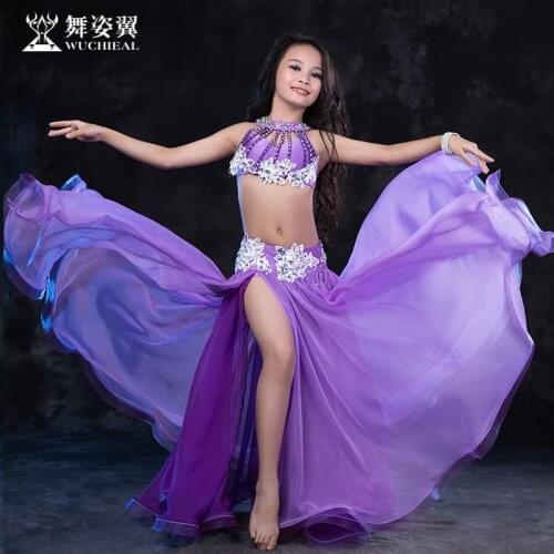 Rhinestone Beading Sleeveless Long Placketing Skirt Belly dance 2pcs set for little girl/children costume performance wear RT162