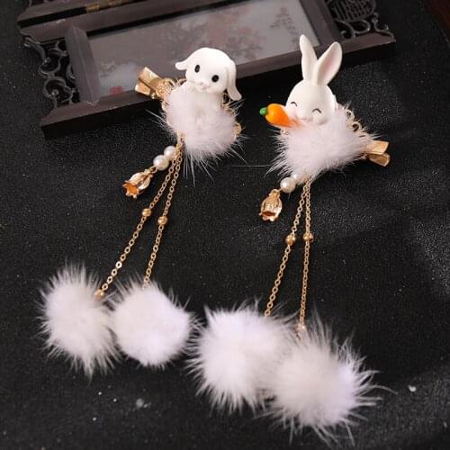 2pcs Plush Rabbit Hairpin with Tassel Chinese Style Cute Vintage Headdress Hanfu Clothing Accessories for Women Lady LXH