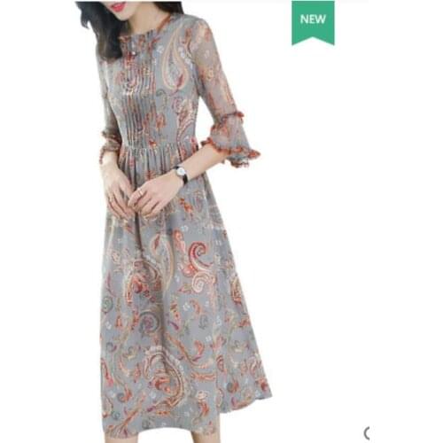 Mulberry silk French vintage printed dress spring/summer outfit 2019 new female slim temperament long silk dress