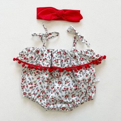 Baby Girl Print Floral Vest Sleeveless Summer 2021 Turn Down Collar Romper Red Headband Bodysuit Clothes Newborn Babies Clothing