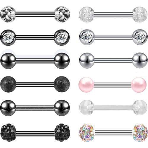 ZS 14G Stainless Steel Tongue Piercing Set for Women Frosted Smooth Barbell Tongue Ring Crystal Helix Ear Studs Body Piercing