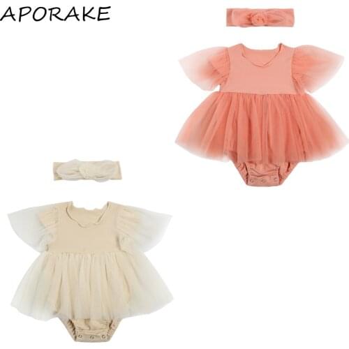 2021 0-24M Princess Baby Girl Romper Dress Summer New Lace Short Sleeve Solid Color Tulle Tutu Playsuit Dress+Headband For Party