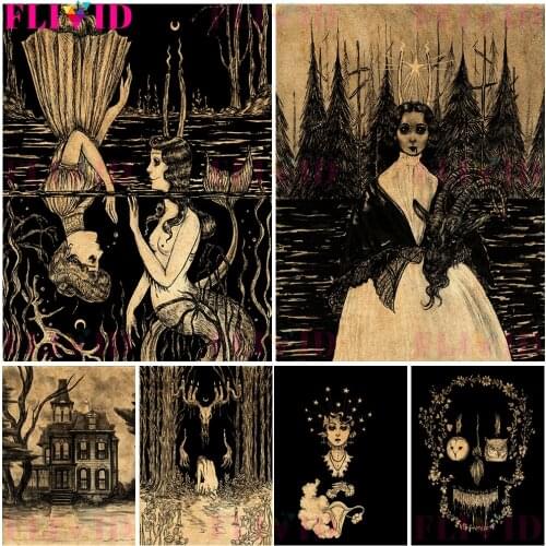 Abstract Retro Forest Witch House Art Poster Gothic Dark Witch Pencil Drawing Wall Art Canva Painting For Living Room Decoration