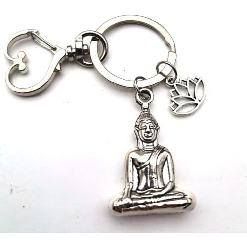 New MEN WOMEN Fashion Llaveros Buddha Statue Keychain, Lotus Flower Keychain Silver Color Realism Keychain, Gift for Friends