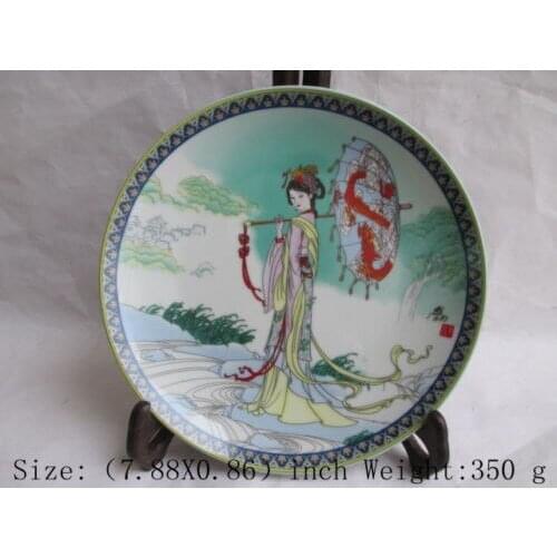 Exquisita Antigua China hermosa mujer con paraguas Placa de porcelana