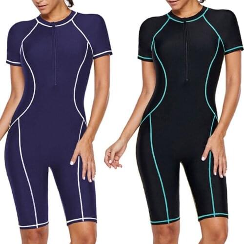 Women Plus Size Zip Front One Piece Rash Guard Sun Protection Short Sleeve Swimsuit Colorblock Surfing Boyshort Swimwear