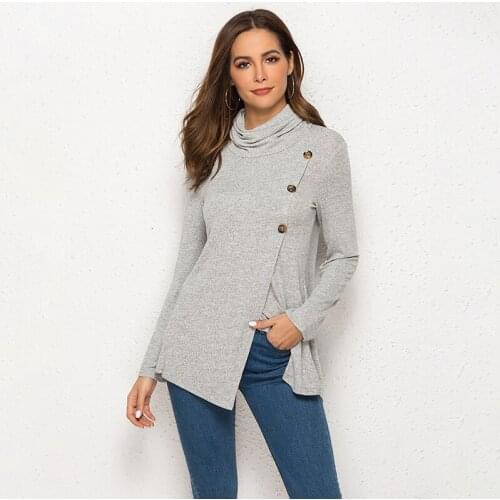 Elegant Lady Knit Solid Pullovers Spring Autumn Long Sleeve Slim Fit Tee Fashion Button Decor Women Full Turtleneck