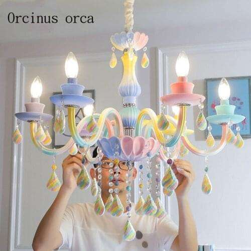 European creative Rainbow Crystal Chandelier Princess bedroom girl bedroom childrens room lamp American dream candle chandelier