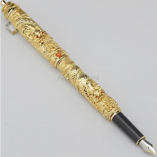 Jinhao Professional Fountain Pen Golden Small Double Dragon Playing Pearl Metal Carving Embossing Heavy Pen For Office & School
