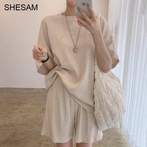 Korean Chic Summer Dress Simple Round Dresses Neck Pullover Thin Knitwear High Waist Loose Wide Leg Casual Shorts Suit