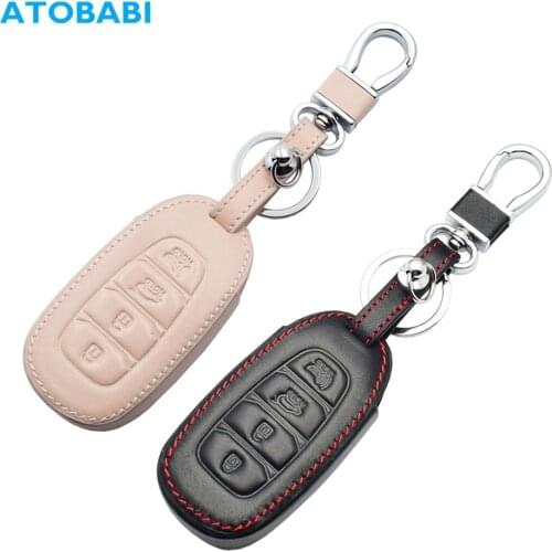 Leather Car Key Case For Hyundai Kona 2018 2019 Santa Fe TM 4 Buttons Smart Prox Keyless Remote Key Fob Cover Keychain Protector