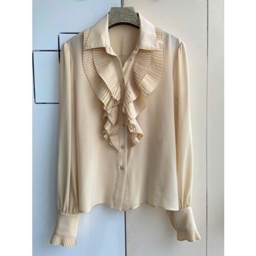 Fashion ladies 2021 new long sleeve sexy casual solid color ruffled pleated silk shirt 1221