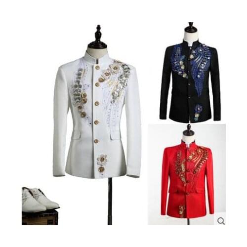 Men chinese tunic suits designs sequins embroidery stage costumes for singers men blazer dance clothes jacket star style dress