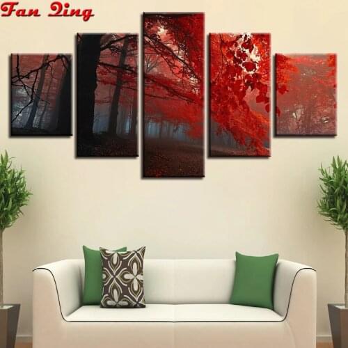 5 pieces diamond painting Red leaf forest full rhinestone cross stitch mosaic diamond embroidery home decor Handmade gift
