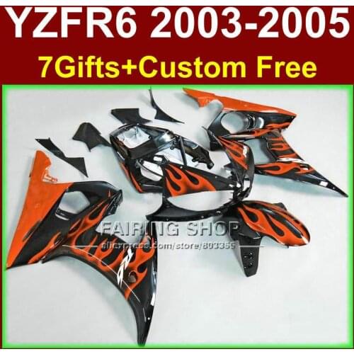 Plastic orange flames in black fairing parts for YAMAHA ABS fairings YZF R6 2003 2004 2005 fairing kit r6 03 04 05 KU6F