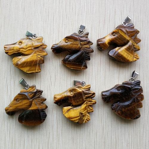 2018 hot selling natural tiger eye stone carved horse heads charms pendants for necklace jewelry making 6pcs/lot Wholesale Free